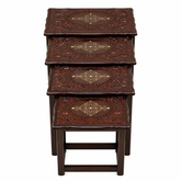 Handcrafted Sheesham Wood Nesting Table Set (4-Piece) – Carved Floral Design with Decorative Inlay | Living Room Side Tables | Traditional Wooden Furniture