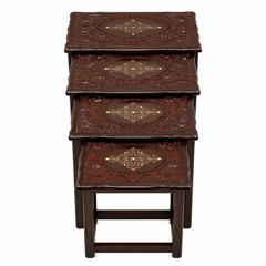 Handcrafted Sheesham Wood Nesting Table Set (4-Piece) – Carved Floral Design with Decorative Inlay | Living Room Side Tables | Traditional Wooden Furniture