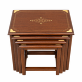 Classic Wooden Nesting Table Set – Elegant Inlay Design | Brass Corner Finish | Space Saving | Set of 4