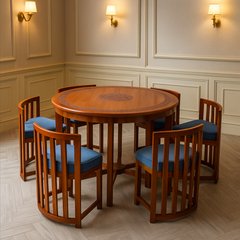 Premium 6-Seater Round Wooden Dining Table Set with Cushioned Chairs – Handcrafted Solid Wood Dining Furniture for Home & Restaurant