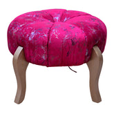 Luxury Round Ottoman Stool – Handcrafted Tufted Velvet Pouffe with Wooden Legs | Elegant Pink Vanity Stool for Living Room, Bedroom & Lounge Decor