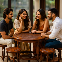 Handcrafted Round Wooden Carving Dining Table Set with 6 Stools – Solid Sheesham Wood Nesting Table for Living Room, Dining & Home Décor