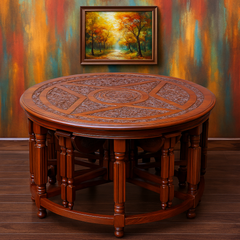 Handcrafted Round Wooden Carving Dining Table Set with 6 Stools – Solid Sheesham Wood Nesting Table for Living Room, Dining & Home Décor
