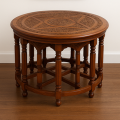 Handcrafted Round Wooden Carving Dining Table Set with 6 Stools – Solid Sheesham Wood Nesting Table for Living Room, Dining & Home Décor