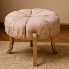 Luxury Round Upholstered Ottoman Stool with Elegant Fabric & Metallic Legs – Modern Accent Pouf for Living Room, Bedroom, or Lounge Décor