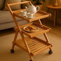 Premium 3-Tier Wooden Serving Trolley with Wheels – Foldable Bamboo Storage Cart for Kitchen, Dining & Home Use