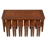 Classic Wooden Nesting Table Set with Folding Stools – Hand-Carved Coffee Table with 4 Folding Stools | Traditional Living Room Furniture
