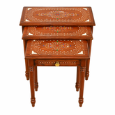 Luxury Wooden Nesting Table Set with Drawer – Handcrafted Inlay Design | Premium Finish | Set of 3