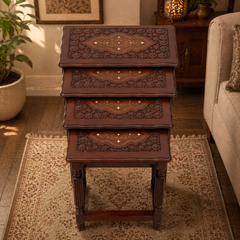 Premium Wooden Nesting Table Set – Space Saving Design | Handcrafted Inlay Top | Set of 4