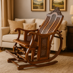 Handcrafted Antique Wooden Rocking Chair with Footrest – Royal Design Recliner | Solid Black Sheesham Wood Traditional Rocker for Home Décor & Relaxation