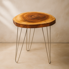 Natural Wood Slice Side Table – Solid Wood Top with Black Metal Legs