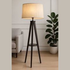 Minimalist Tripod Floor Lamp with Fabric Shade & Shelf – Modern Standing Lamp