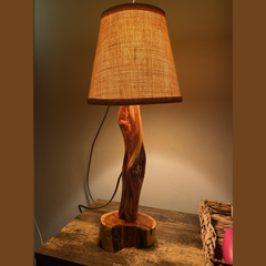 Rustic Natural Wood Table Lamp with Fabric Shade – Handmade Decorative Bedside Lamp