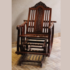 Handcrafted Antique Wooden Rocking Chair with Footrest – Royal Design Recliner | Solid Black Sheesham Wood Traditional Rocker for Home Décor & Relaxation