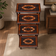 Premium Wooden Nesting Table Set – Space Saving Design | Decorative Inlay Top | Set of 4