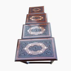 Handcrafted Sheesham Wood Nesting Table Set (4-Piece) – Carved Floral Design with Decorative Inlay | Living Room Side Tables | Traditional Wooden Furniture