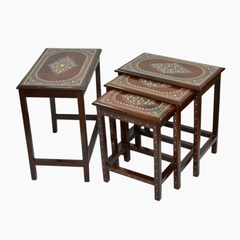 Premium Handcrafted Wooden Nesting Tables – Inlay Design | Set of 4 | Traditional Decorative Side Tables