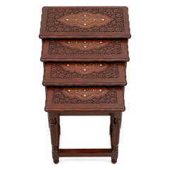 Premium Wooden Nesting Table Set – Space Saving Design | Handcrafted Inlay Top | Set of 4