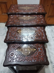 Handcrafted Sheesham Wood Nesting Table Set (4-Piece) – Carved Floral Design with Decorative Inlay | Living Room Side Tables | Traditional Wooden Furniture