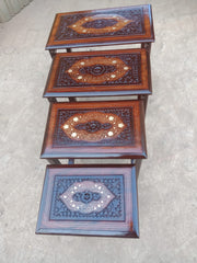 Premium Wooden Nesting Table Set – Space Saving Design | Decorative Inlay Top | Set of 4