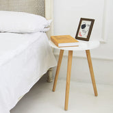 Modern Round Bedside Table – White Top with Wooden Legs | Minimalist Side Table