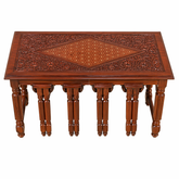 Classic Wooden Nesting Table Set with Folding Stools – Hand-Carved Coffee Table with 4 Folding Stools | Traditional Living Room Furniture