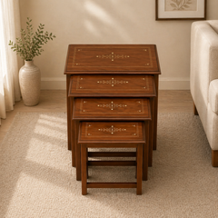 Premium Handcrafted Wooden Nesting Tables – Inlay Design | Set of 4 | Traditional Decorative Side Tables