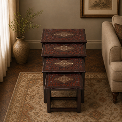 Handcrafted Sheesham Wood Nesting Table Set (4-Piece) – Carved Floral Design with Decorative Inlay | Living Room Side Tables | Traditional Wooden Furniture