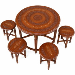 Luxury Solid Wood Round Table Set – 4 Stools Included