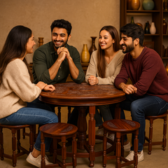 Handcrafted Round Wooden Carving Dining Table Set with 6 Stools – Solid Sheesham Wood Nesting Table for Living Room, Dining & Home Décor