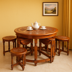 Handcrafted Round Wooden Carving Dining Table Set with 6 Stools – Solid Sheesham Wood Nesting Table for Living Room, Dining & Home Décor