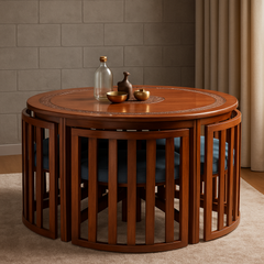 Premium 6-Seater Round Wooden Dining Table Set with Cushioned Chairs – Handcrafted Solid Wood Dining Furniture for Home & Restaurant