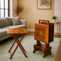 Premium Handcrafted Wooden Folding Tray Table Set with Stand – Solid Sheesham Wood, Portable & Space-Saving Design for Living Room, Dining, and Home Décor
