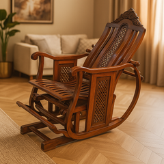 Handcrafted Antique Wooden Rocking Chair with Footrest – Royal Design Recliner | Solid Black Sheesham Wood Traditional Rocker for Home Décor & Relaxation