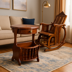 Elegant Handcrafted Wooden Side Table with Drawer & Magazine Rack – Solid Sheesham Wood, Vintage Finish, Perfect for Living Room & Bedroom