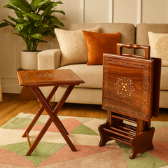 Premium Handcrafted Wooden Folding Tray Table Set with Stand – Solid Sheesham Wood, Portable & Space-Saving Design for Living Room, Dining, and Home Décor
