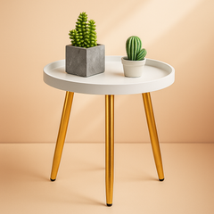 Modern Round Side Table with Sheesham Wood Legs – White Accent Coffee Table for Living Room, Bedroom & Office Décor