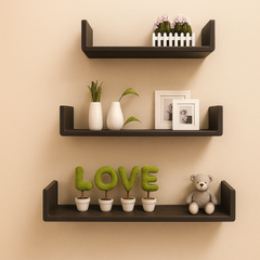 Set of 3 Floating Wall Shelves – Modern U-Shape Wooden Display Racks for Living Room, Bedroom, Office & Home Décor