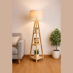 Multi-Tier Wooden Floor Lamp with Shelves – Decorative Storage Lighting Stand