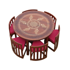 Premium Round Sheesham Wood Dining Table Set – 6 Chairs | Pure Brass Inlay Handwork | Solid Sheesham Furniture