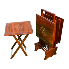 Premium Handcrafted Wooden Folding Tray Table Set with Stand – Solid Sheesham Wood, Portable & Space-Saving Design for Living Room, Dining, and Home Décor