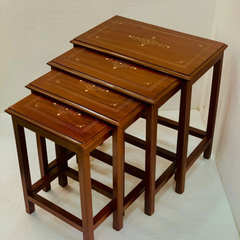 Handcrafted 4-Piece Wooden Nesting Tables – Solid Wood with Elegant Gold Inlay Design | Living Room Side Table Set