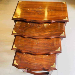 Handcrafted 4-Piece Wooden Nesting Tables – Curved Edge Design with Gold Corner Inlay | Premium Solid Wood Furniture