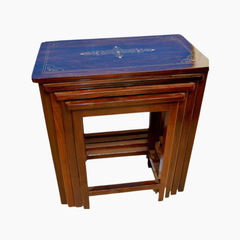 Premium Wooden Nesting Table Set – Space Saving Design | Handcrafted Inlay Top | Set of 4