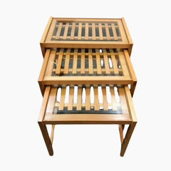 Premium Wooden Nesting Table Set – Modern Slatted Design | Set of 3 | Without Mirror Top