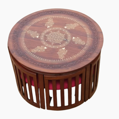 Premium Round Sheesham Wood Dining Table Set – 6 Chairs | Pure Brass Inlay Handwork | Solid Sheesham Furniture