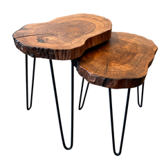 Set of 2 Wooden Nesting Tables – Natural Solid Wood Side Tables with Modern Rustic Design