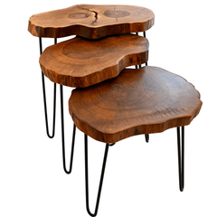 Set of 3 Wooden Nesting Tables – Natural Solid Wood Side Tables with Modern Rustic Design
