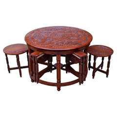 Handcrafted Round Wooden Carving Dining Table Set with 6 Stools – Solid Sheesham Wood Nesting Table for Living Room, Dining & Home Décor