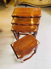 Premium Wooden Nesting Table Set – Space Saving Design | Handcrafted Inlay Top | Set of 4